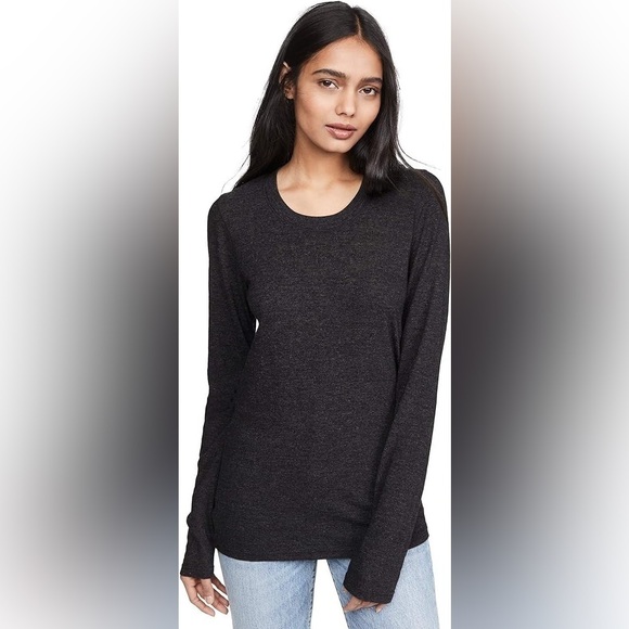 Monrow Long Sleeve Charcoal Grey Crewneck T Shirt - Picture 1 of 10
